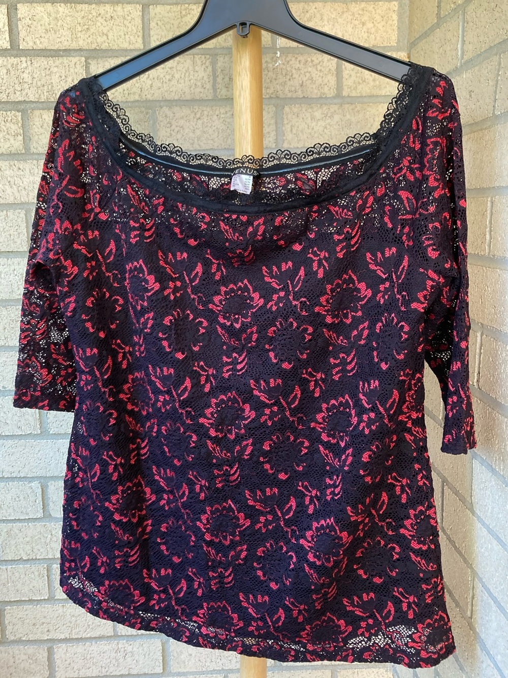 Venus Black Red Floral Lace Square Neck Blouse 3/4 Sleeve